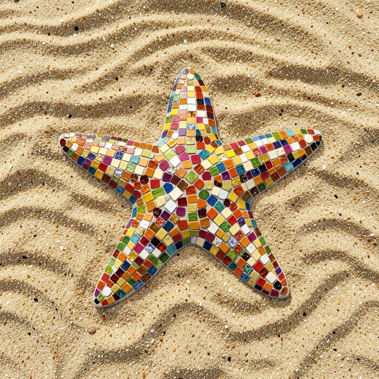 A colorful tiled mosaic starfish rests atop wavy rippled beach sand.