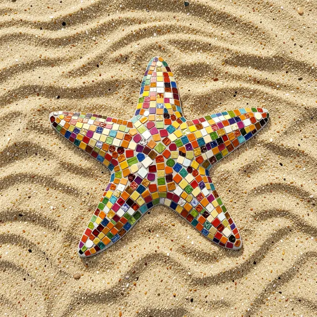 A colorful tiled mosaic starfish rests atop wavy rippled beach sand.