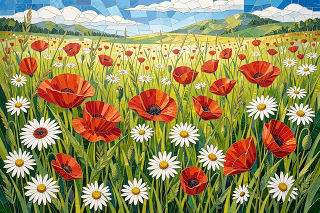 Stained-glass style mosaic artwork depicting a sunlit summer meadow filled with red poppies and white daisies