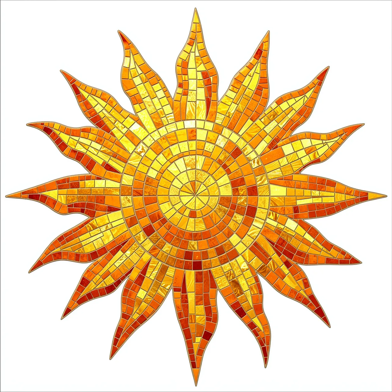 A radiant sun mosaic with flame-shaped gold and orange tile rays on a plain white background