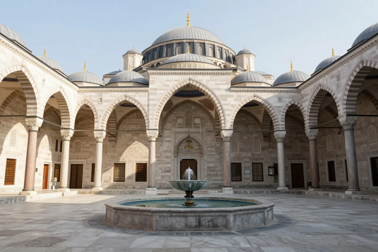 Arched stone mosque courtyard with a central fountain under soft pale dawn sky