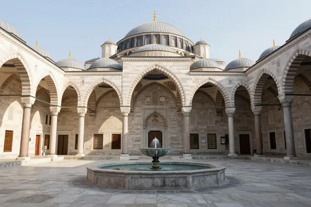 Arched stone mosque courtyard with a central fountain under soft pale dawn sky