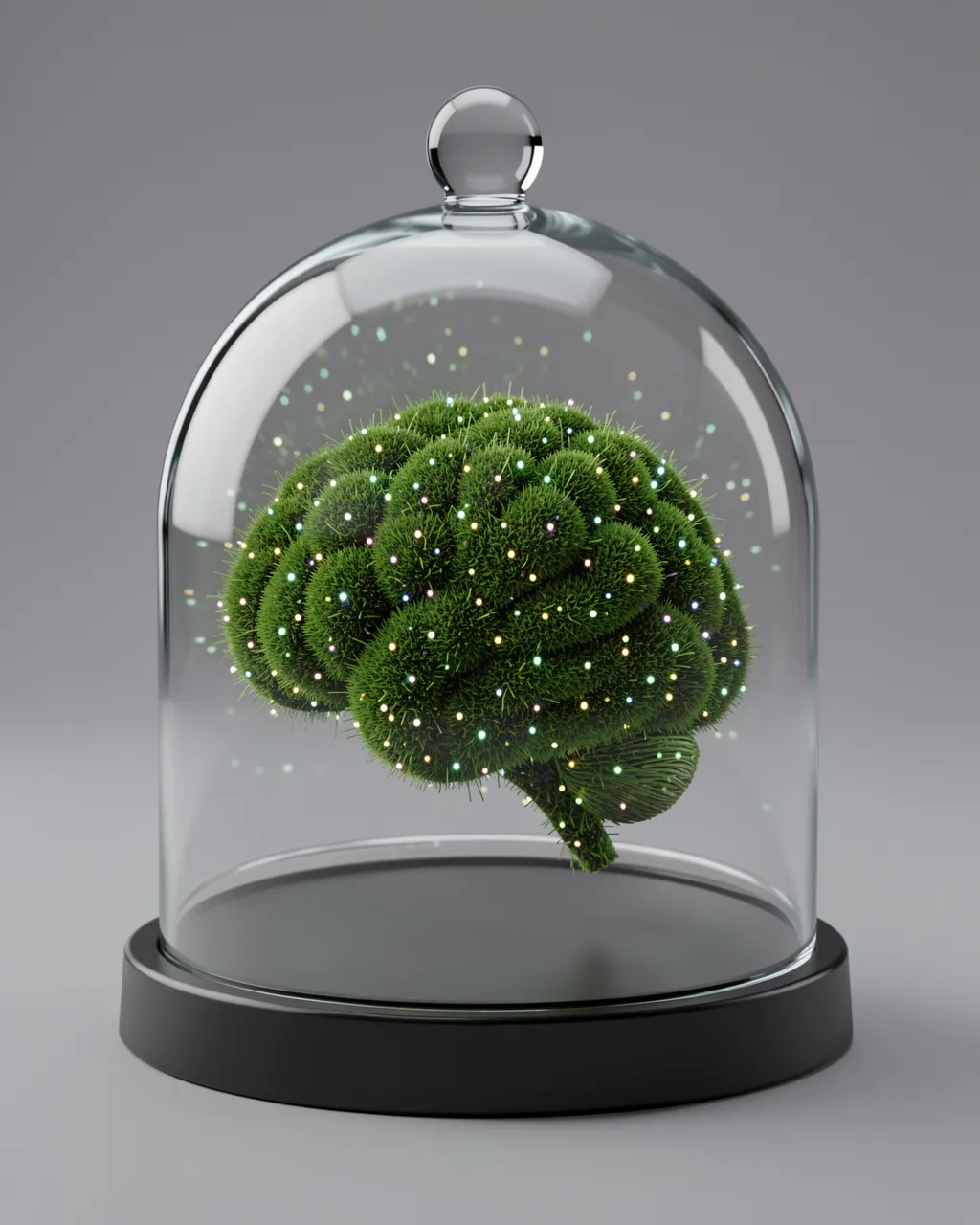 A moss-covered brain dotted with glowing fairy lights sits inside a clear glass display dome.