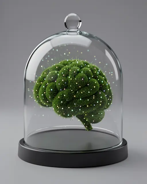 A moss-covered brain dotted with glowing fairy lights sits inside a clear glass display dome.