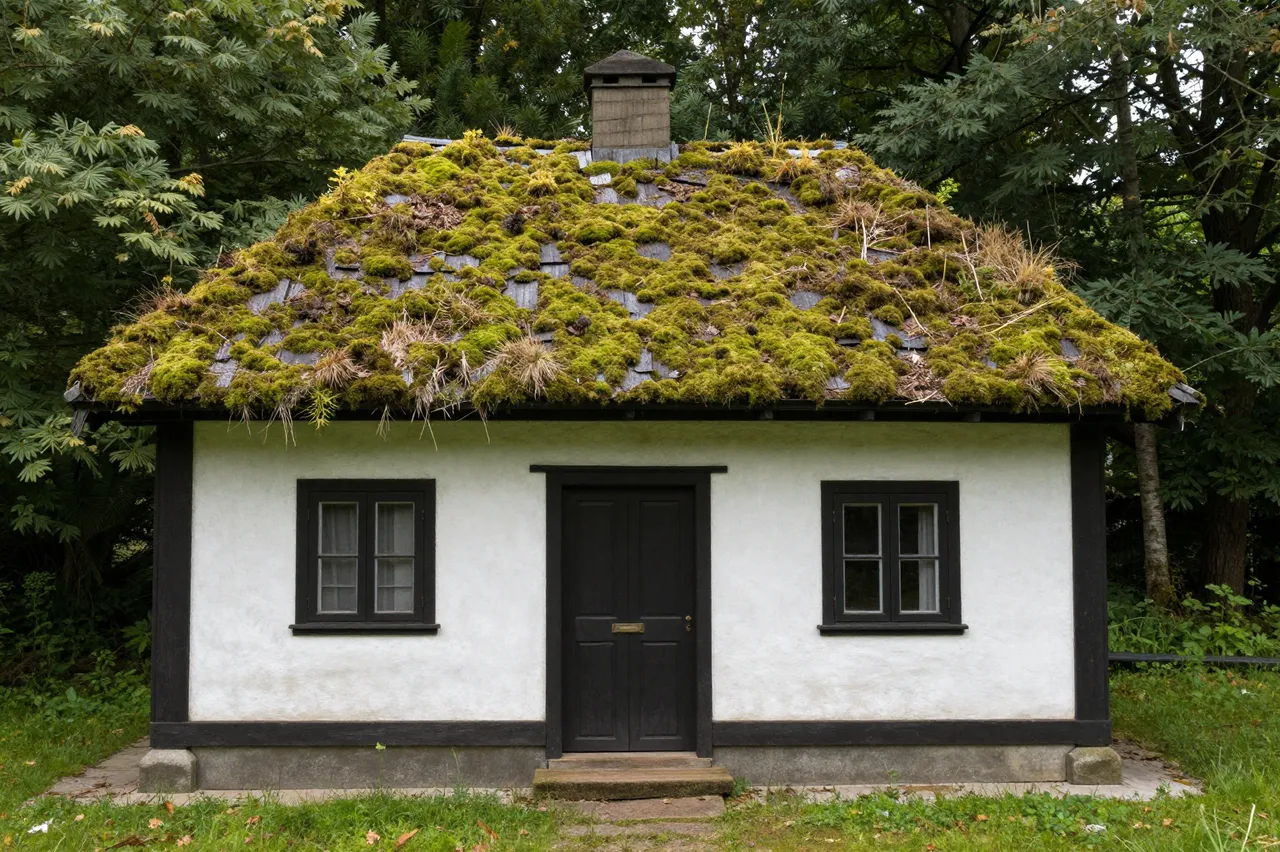A small white cottage with a thick moss-covered roof sits surrounded by dense green forest
