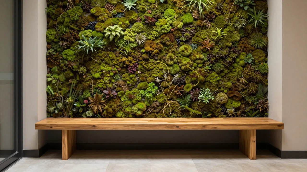 A long solid oak bench sits in front of a lush preserved living moss wall in a sunlit modern entryway.