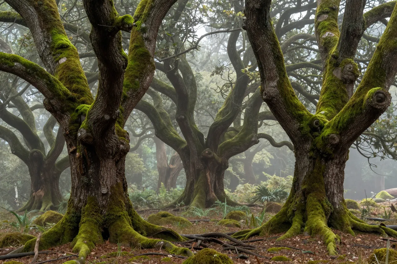Twisted moss-covered ancient trees stand in a dense misty forest