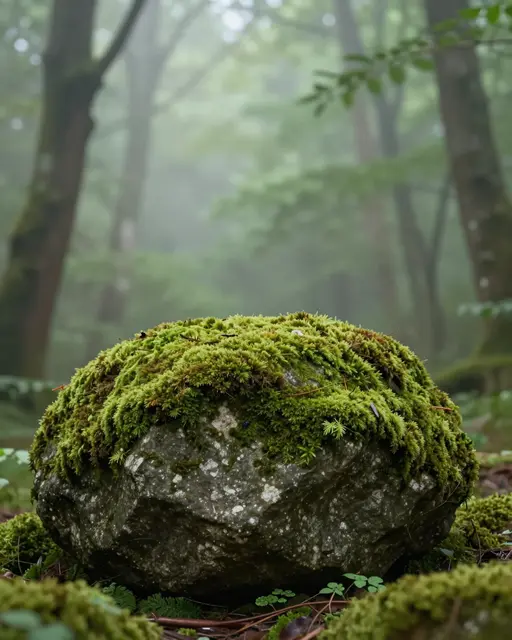 A moss-covered boulder sits as a natural podium in a soft misty forest with empty upper copy space