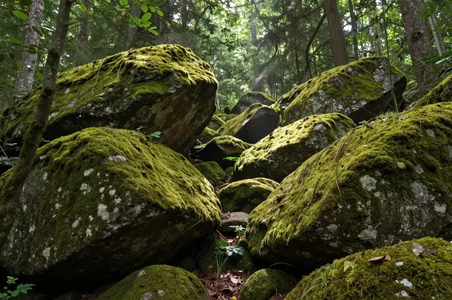 Sunbeams filter through the forest canopy onto a cluster of moss-covered large boulders.