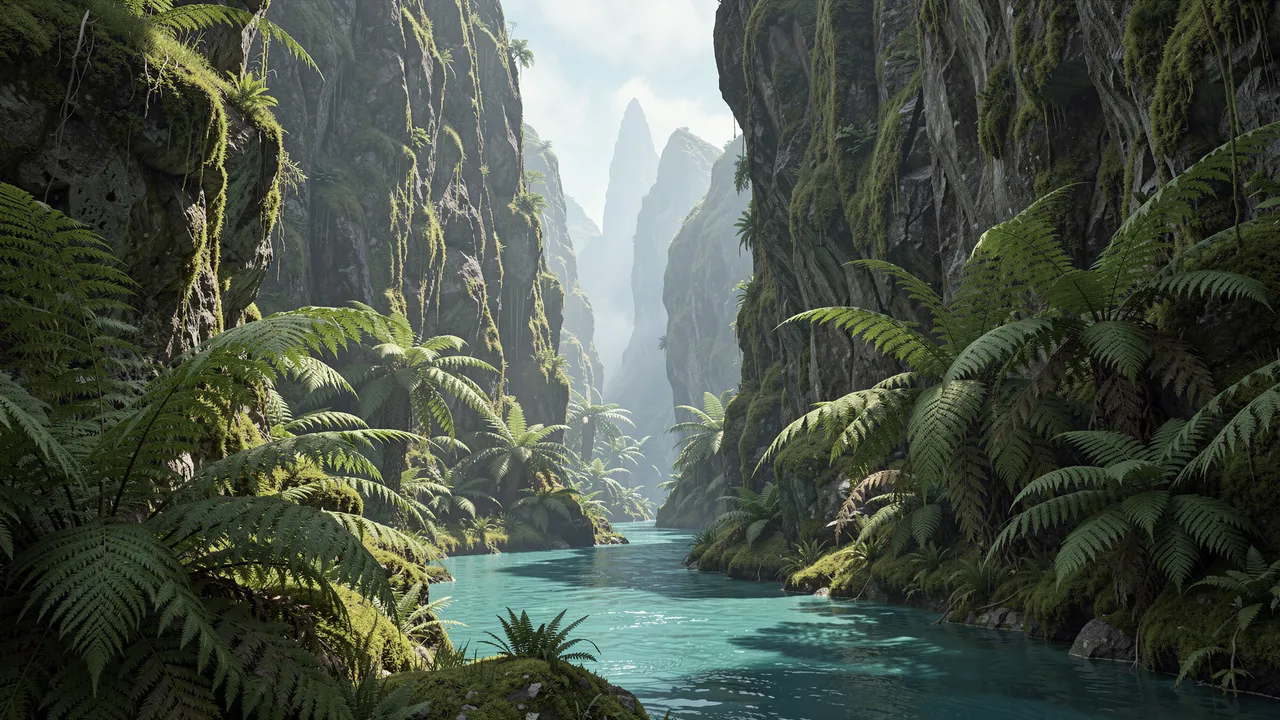Turquoise river flows between steep mossy cliffs lined with giant ferns leading to misty distant peaks