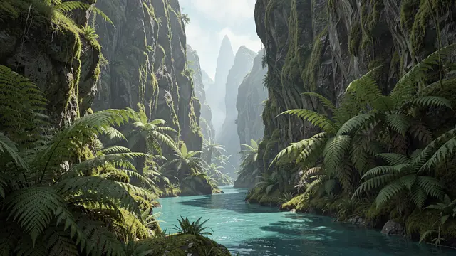Turquoise river flows between steep mossy cliffs lined with giant ferns leading to misty distant peaks