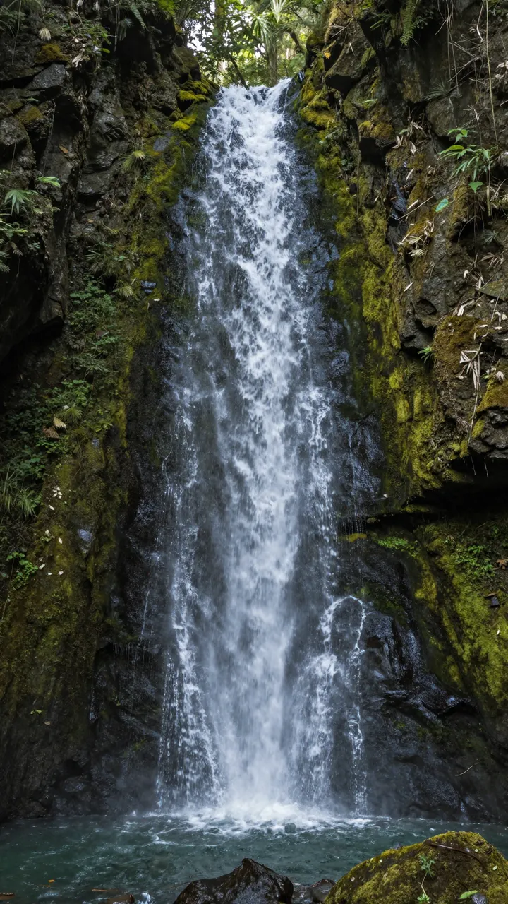 A tall cascading waterfall flows down moss-covered rock faces into a deep green pool in a narrow canyon.