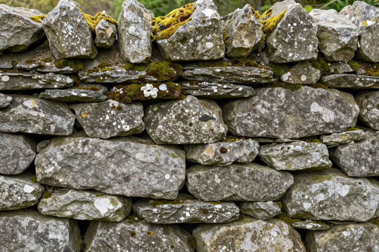 Close-up of a rough dry-stone wall with bright moss growing in the gaps between weathered gray rocks