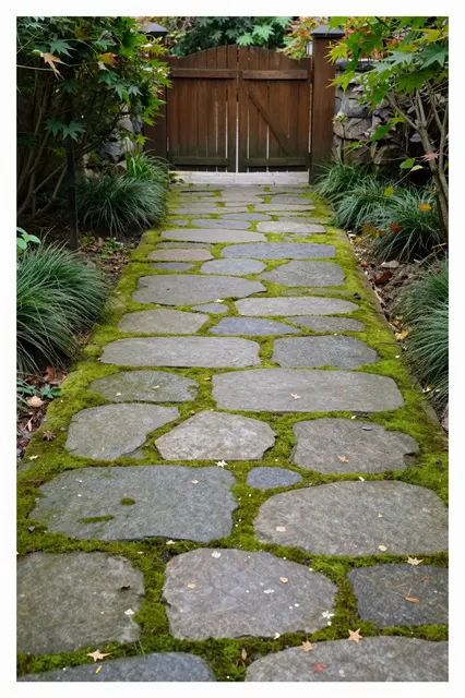 A winding flagstone path with moss gaps leads to a wooden garden gate flanked by maples and grasses