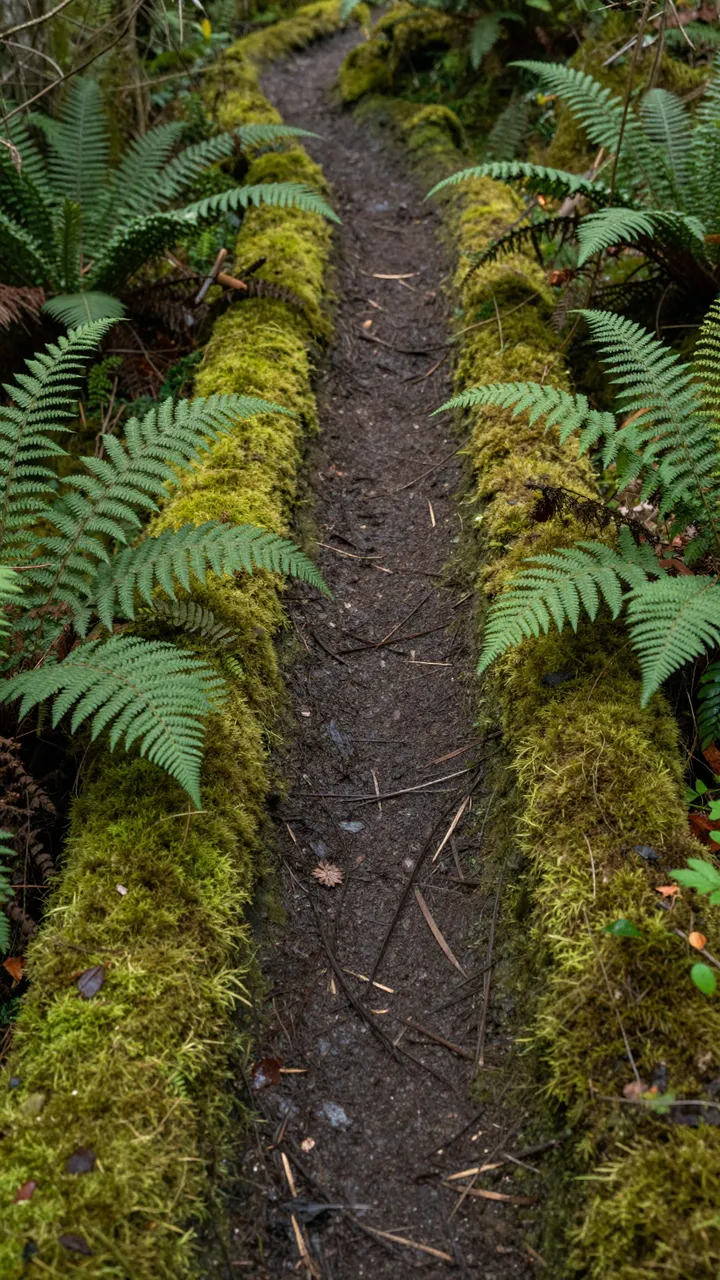 A narrow dirt hiking trail runs through a dense forest lined with vibrant moss and feathery ferns.