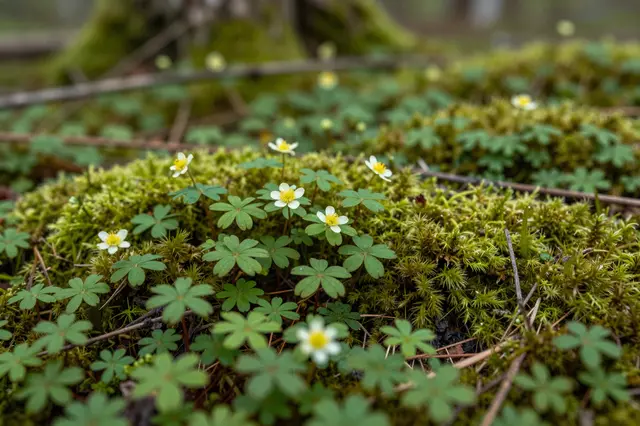 Close-up of delicate white wildflowers growing on lush green moss on a shaded forest floor