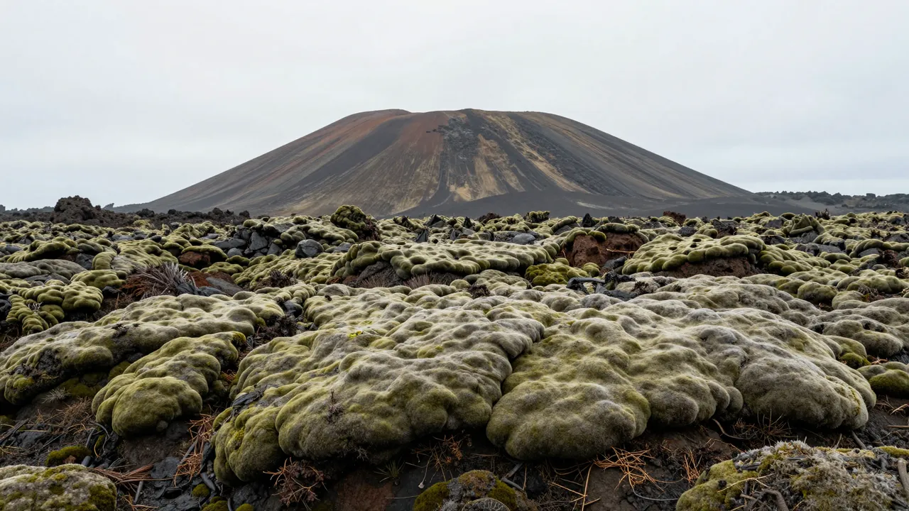 Thick green moss covers a lava field beneath a rounded cinder cone under overcast skies