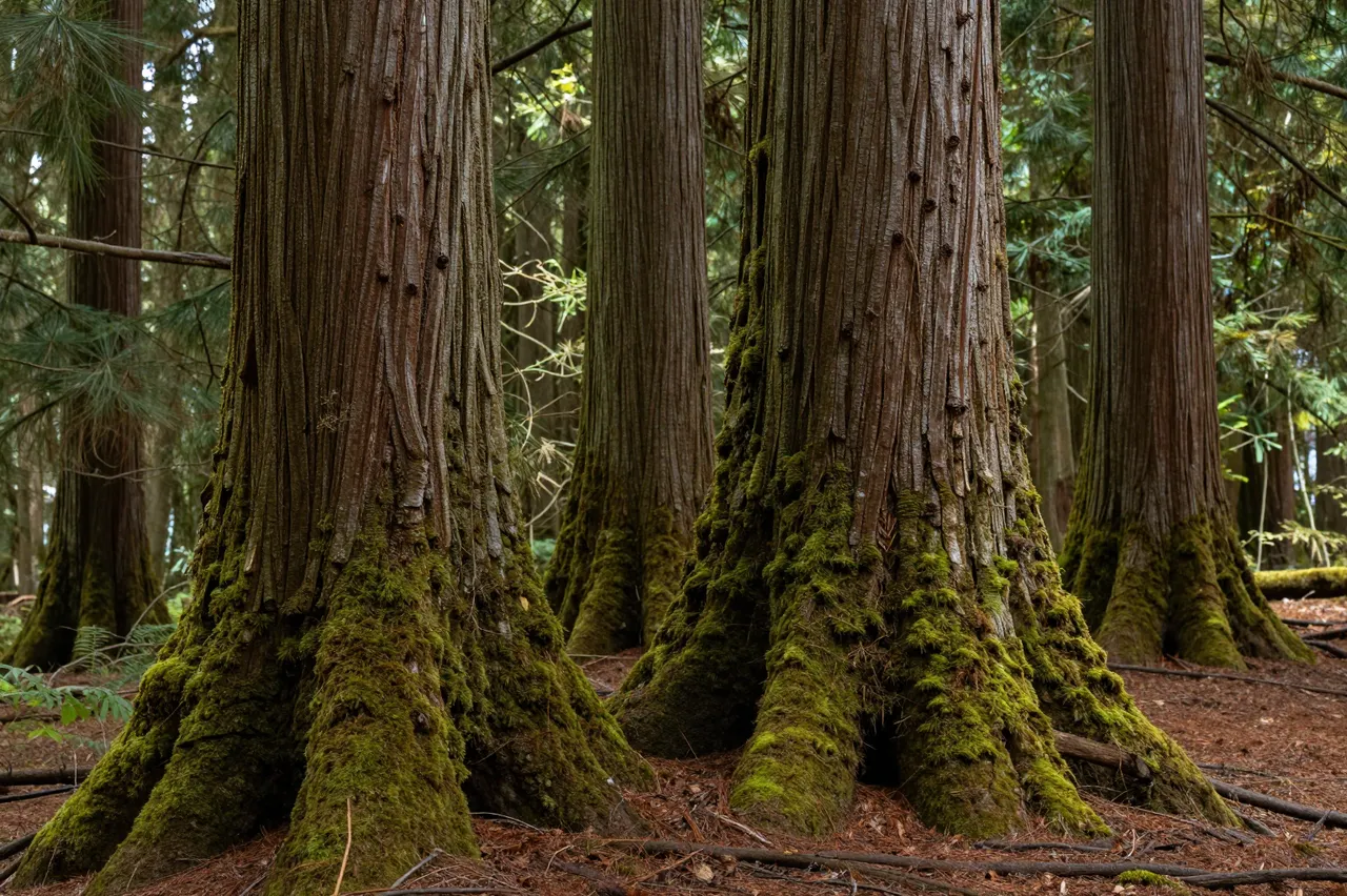 Massive moss-covered cedar trunks rise from a bed of pine duff on the forest floor.