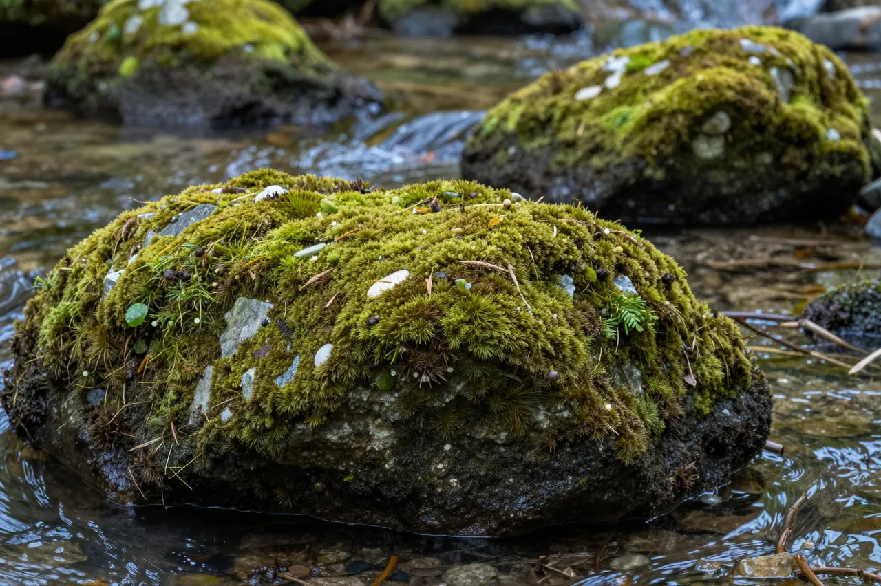 Dense moss-covered rocks sit partially submerged in a clear shallow mountain stream.