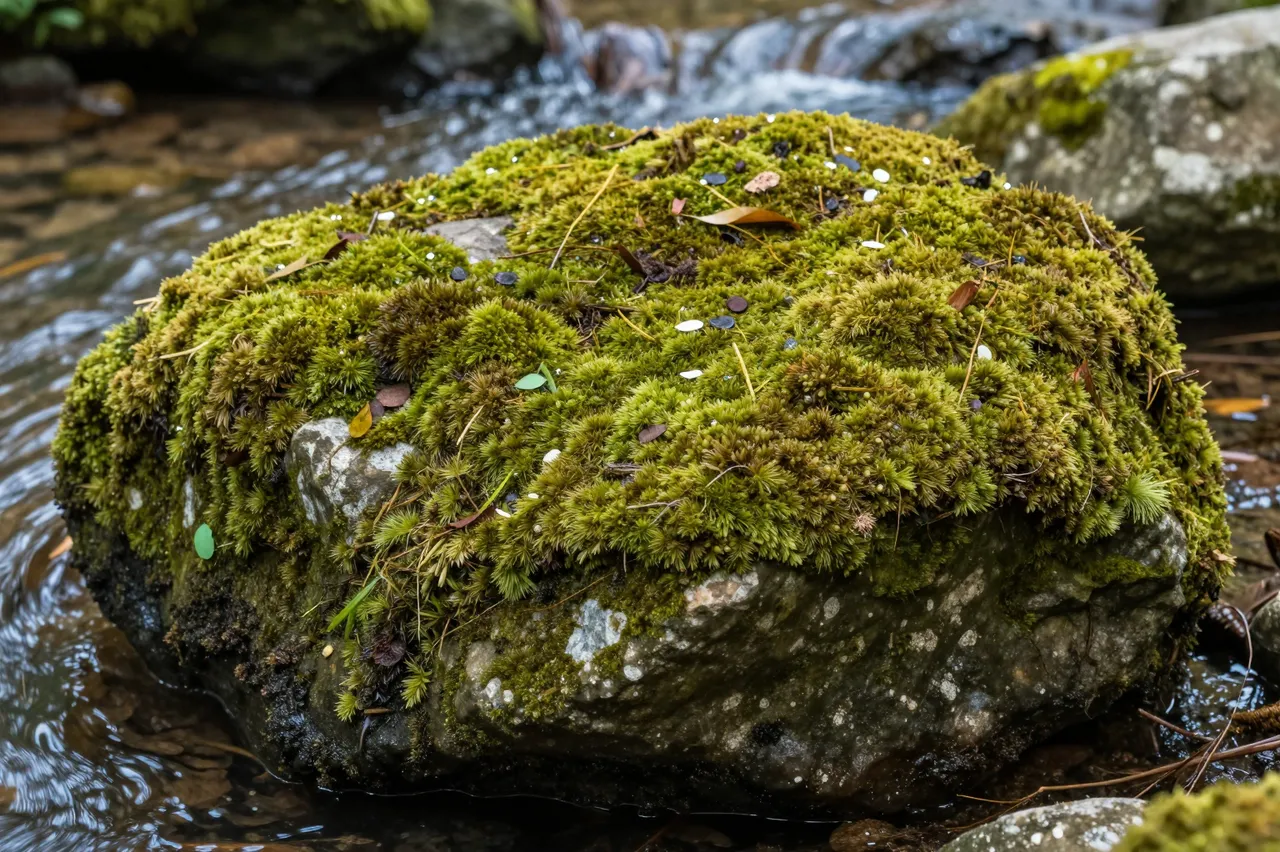 A flat moss-covered boulder sits partially submerged next to a gently flowing woodland stream.
