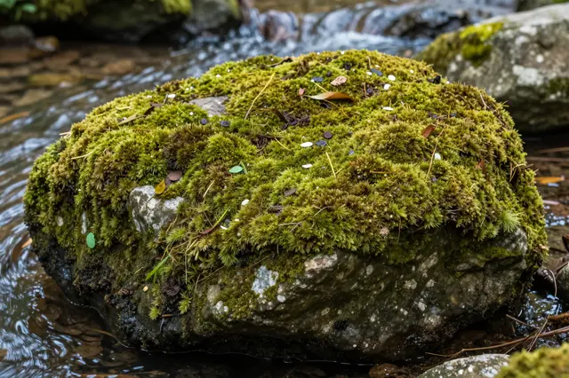 A flat moss-covered boulder sits partially submerged next to a gently flowing woodland stream.