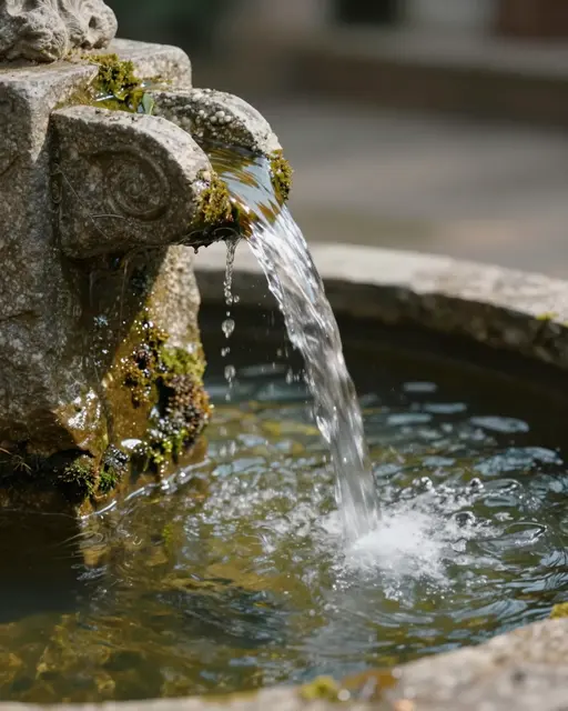 Clear water pours from a weathered moss-covered stone fountain spout into a rippling stone trough.