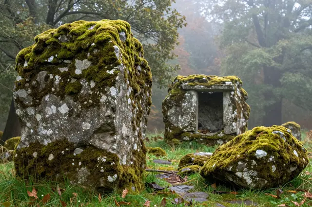 Moss-covered ancient stone ruins sit scattered across grassy ground in a foggy forest