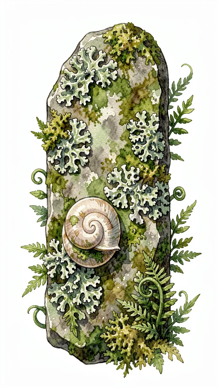 Watercolor illustration of a moss-covered stone decorated with lichen, fern fronds, and a pale spiral snail shell
