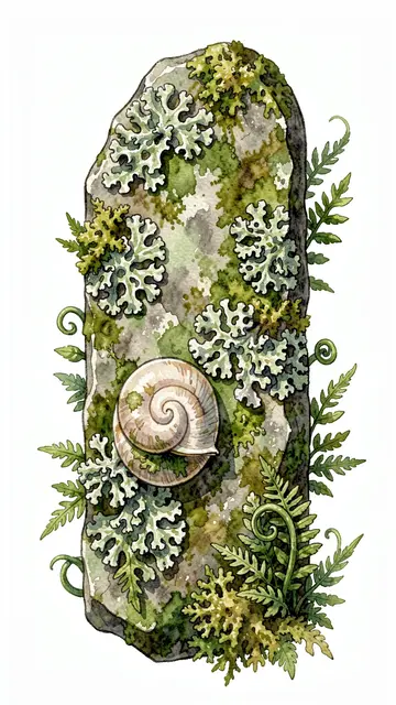 Watercolor illustration of a moss-covered stone decorated with lichen, fern fronds, and a pale spiral snail shell