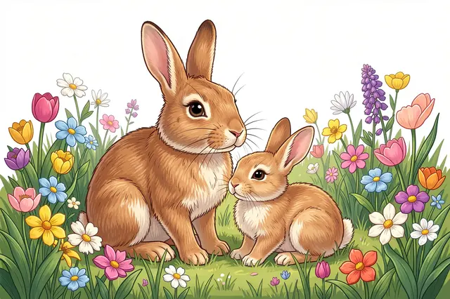 A brown mother rabbit and her baby sit together among colorful spring wildflowers and grass against a light background
