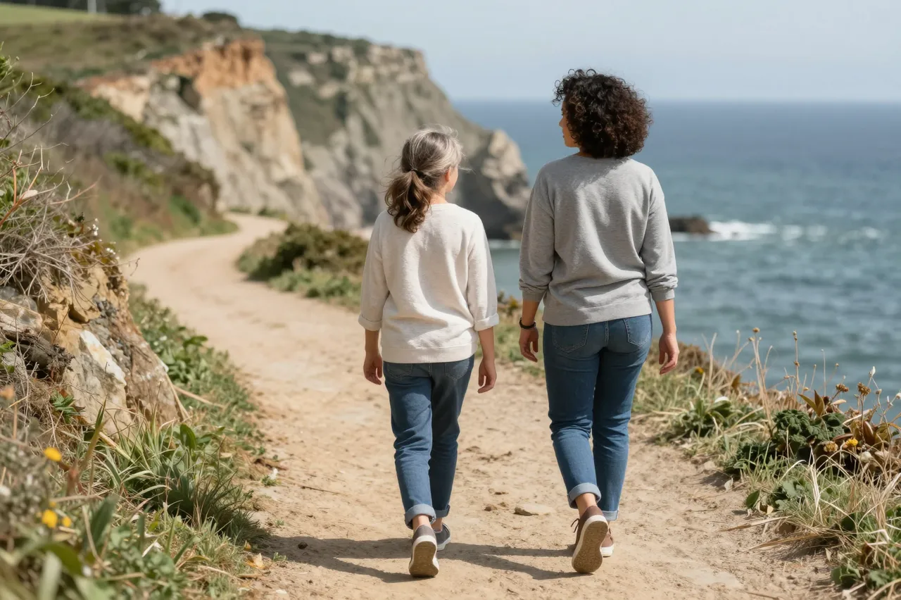 Two women walk side by side along a dirt coastal cliff path overlooking the ocean, seen from behind.