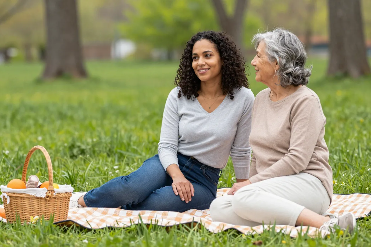 Two women sit together on a checkered picnic blanket in a sunny spring park meadow
