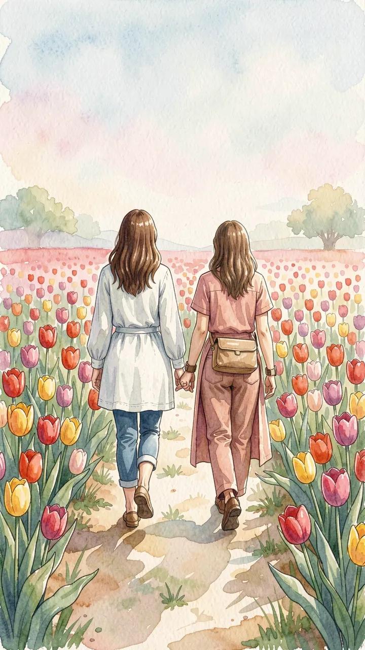 Two women viewed from behind hold hands while walking down a dirt path through a colorful tulip field.