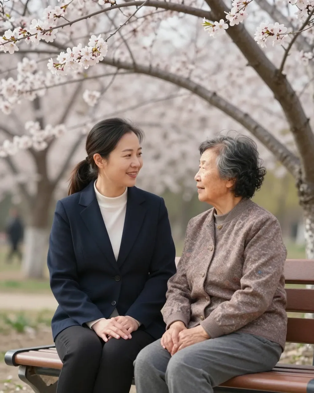 Two East Asian women, a middle-aged woman and an elderly woman, sit on a park bench facing each other under flowering cherry