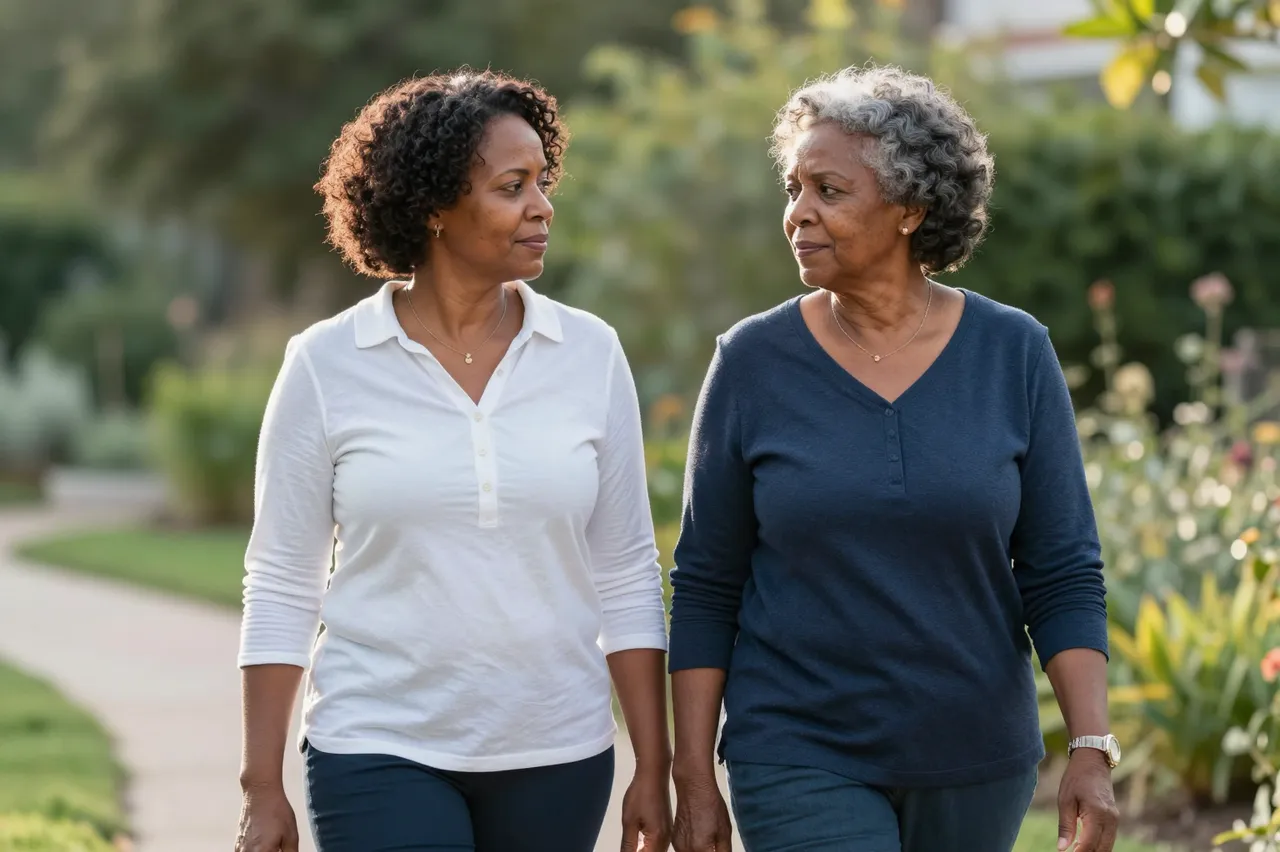 Two Black women, one in her forties and one in her seventies, walk side by side along a sunlit garden path and look at each