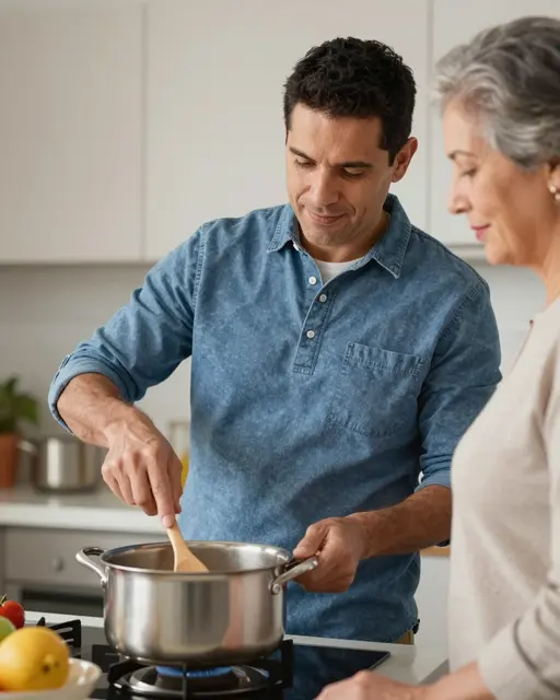A man in his forties stirs a cooking pot while an older woman stands beside him in a bright kitchen