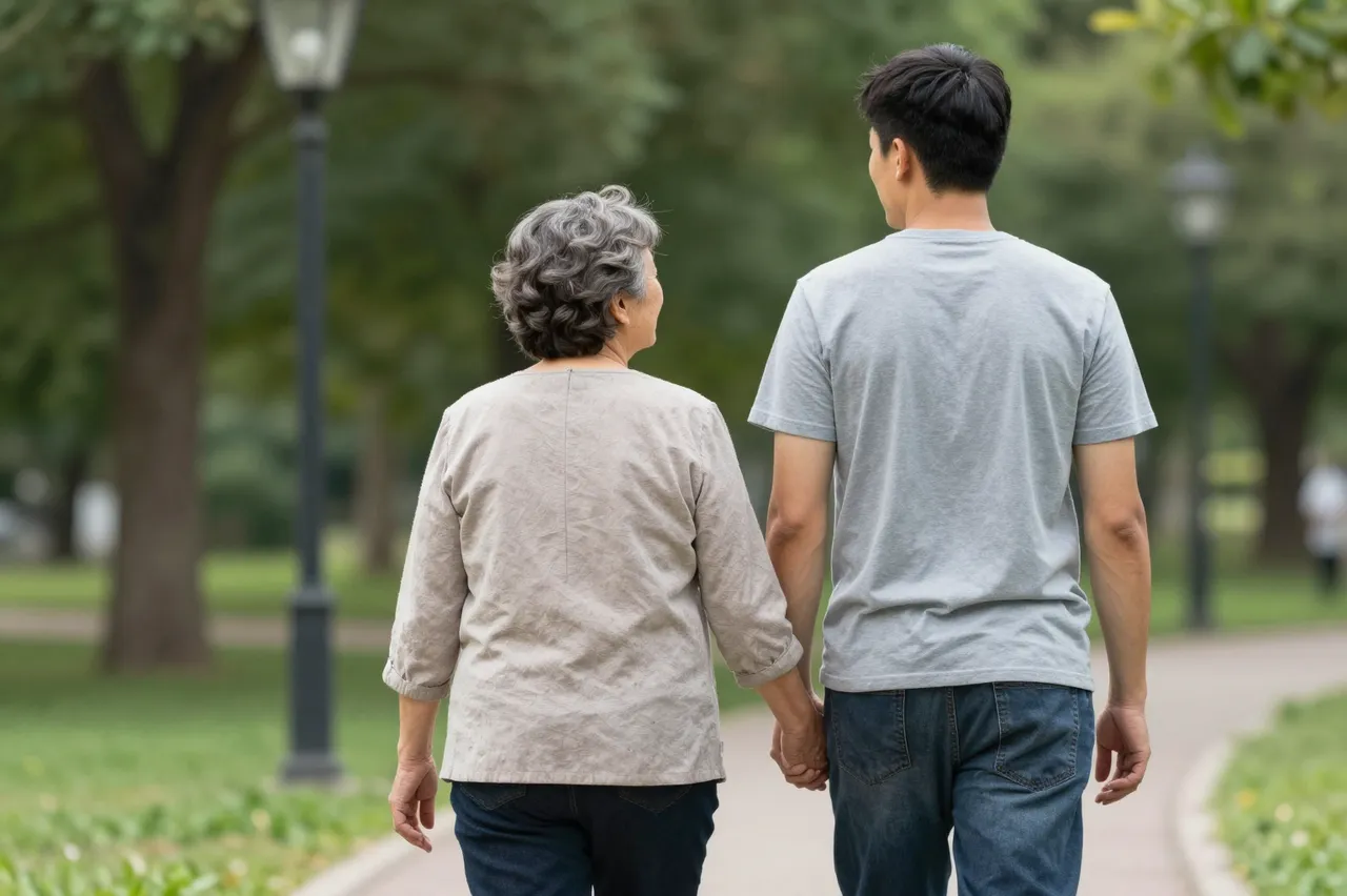 Seen from behind, an elderly woman and adult man hold hands while walking along a paved park path lined with trees.