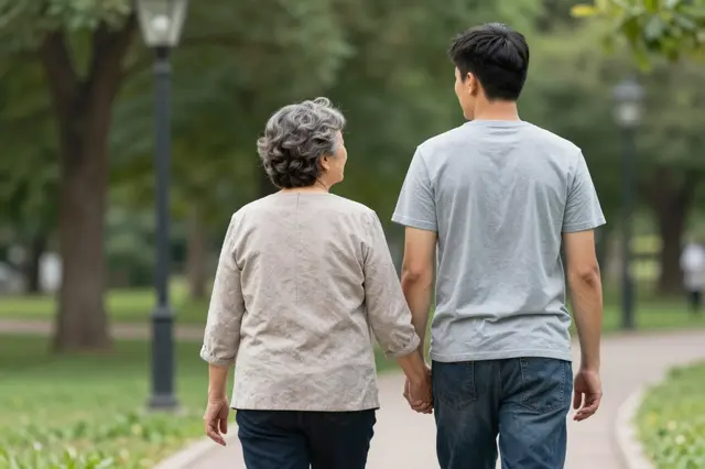 Seen from behind, an elderly woman and adult man hold hands while walking along a paved park path lined with trees.