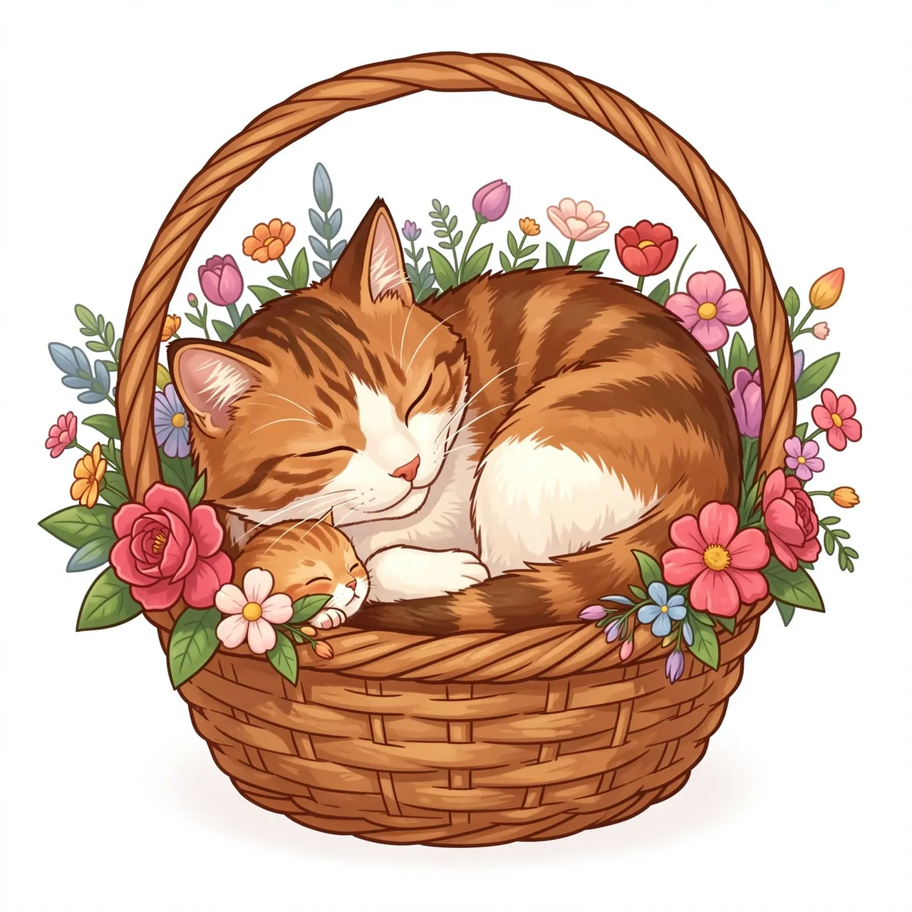 Sleeping tabby mother cat and her tiny kitten curled together in a flower-filled wicker basket for Mother's Day.