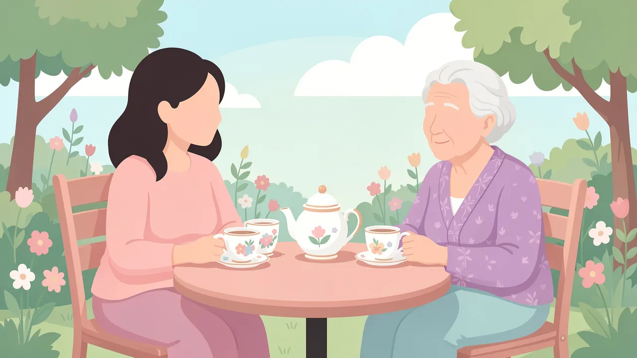 Flat pastel vector illustration of a younger faceless woman and her elderly mother sharing tea at a round garden table