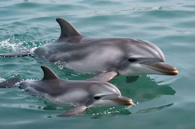 An adult mother dolphin and her smaller calf swim side by side at the surface of calm turquoise ocean water.