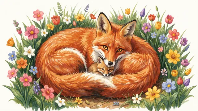 Gouache illustration of a mother red fox curled protectively around her small kit surrounded by colorful spring blooms.
