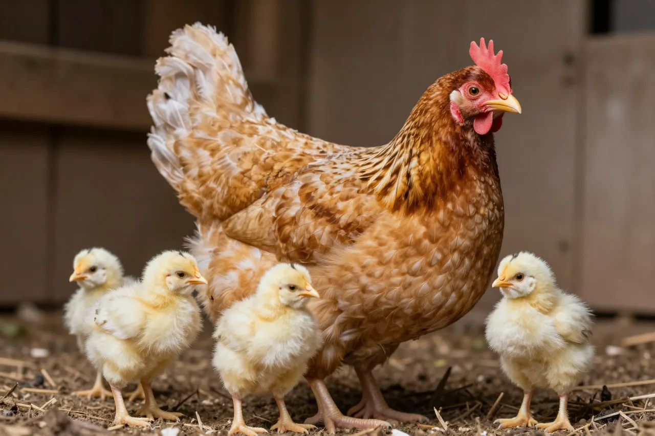 A brown mother hen stands surrounded by four fluffy yellow chicks on a barnyard floor
