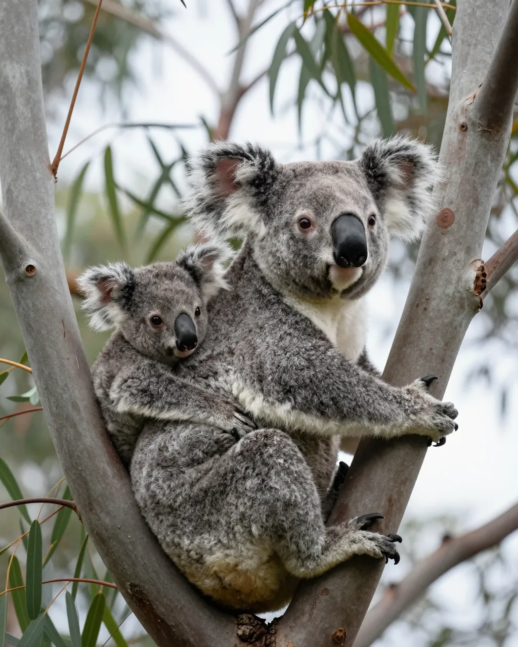 An adult koala sits in a eucalyptus tree fork with a small joey nestled against her side under soft overcast light.
