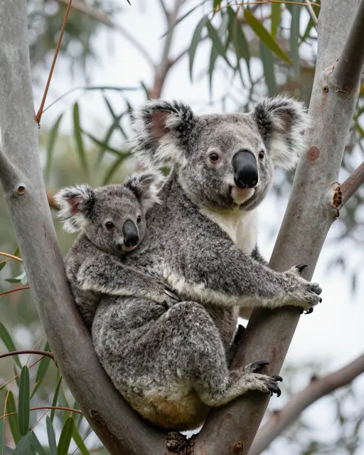 An adult koala sits in a eucalyptus tree fork with a small joey nestled against her side under soft overcast light.