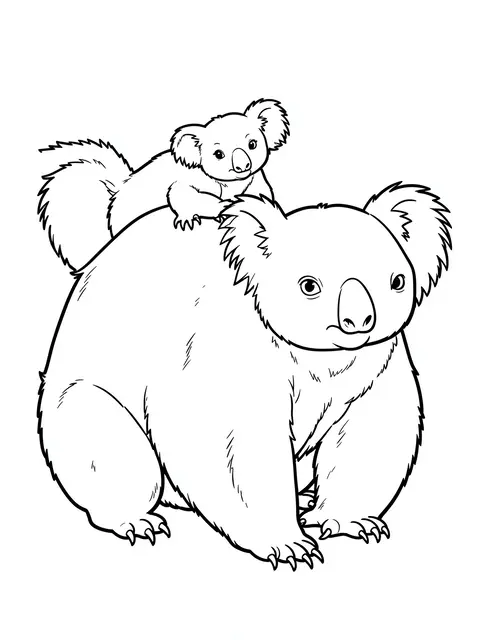 Clean black and white line art of an adult koala with a joey perched on her back, suitable for a coloring page