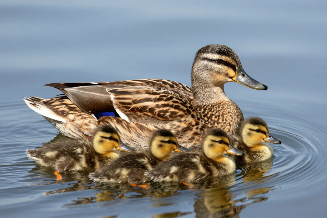 A mother mallard duck swims alongside four fluffy ducklings on calm rippled lake water
