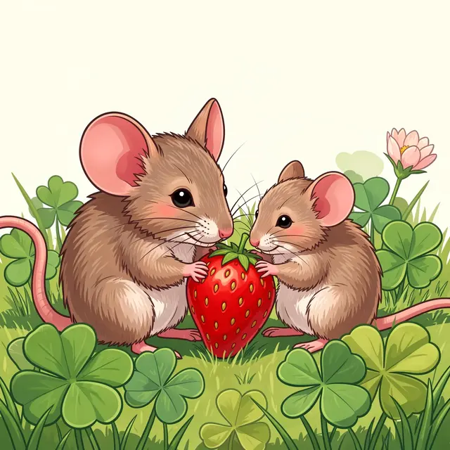 Two brown mice sit among clover, holding a shared ripe red strawberry together.
