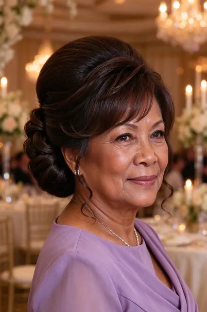 Portrait of a senior Pacific Islander woman in a lilac dress at a warm wedding reception