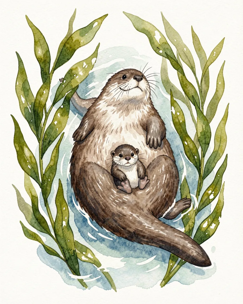 Watercolor illustration of a mother otter floating on her back with a pup resting on her belly framed by kelp